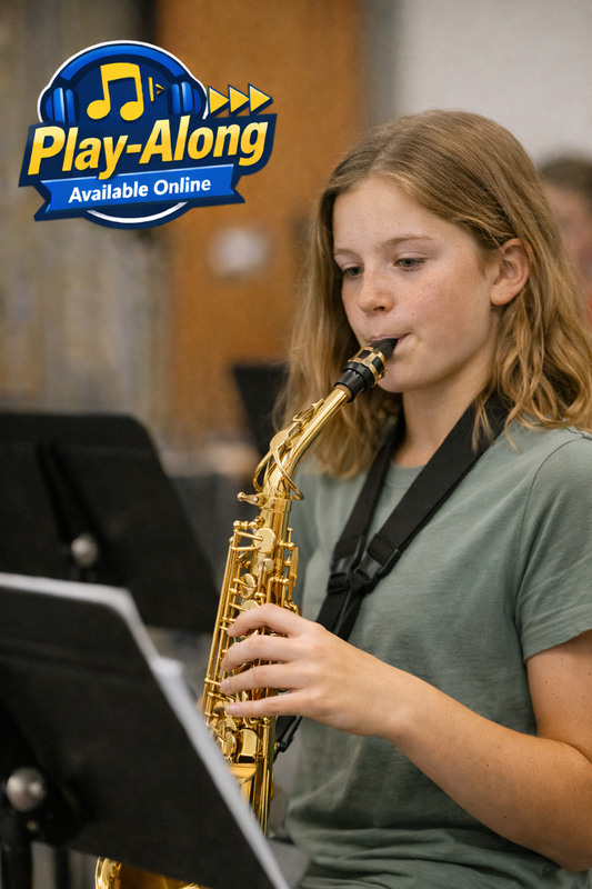 Person playing a saxophone with 'Play-Along Available Online' logo in the corner by Ricardo-Stevens