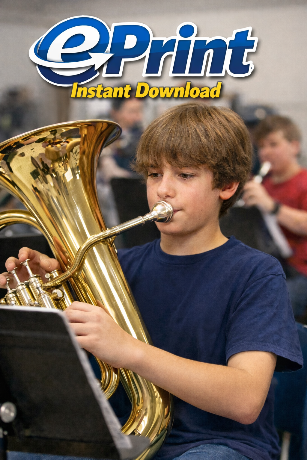 Child playing a tuba with 'ePrint Instant Download' logo in the corner for Concert Band by Ricardo Stevens.