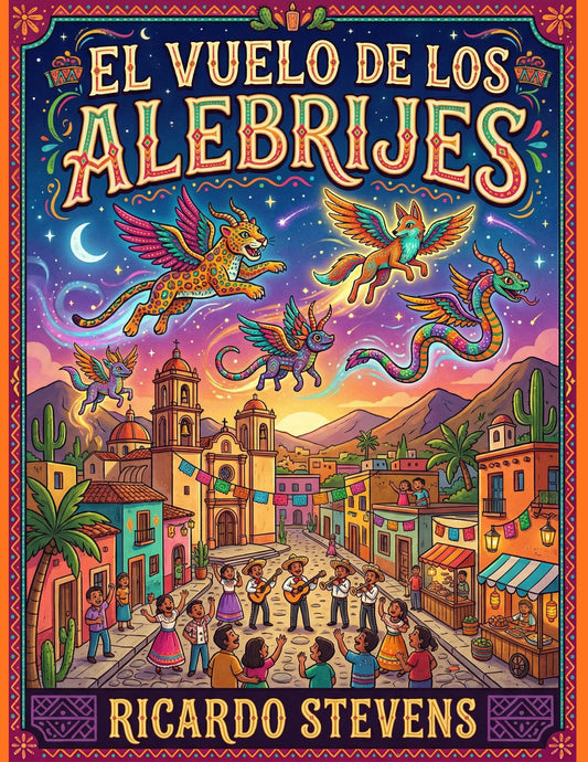 Book cover of 'El Vuelo de los Alebrijes' with colorful illustration of a Mexican street scene and flying creatures.