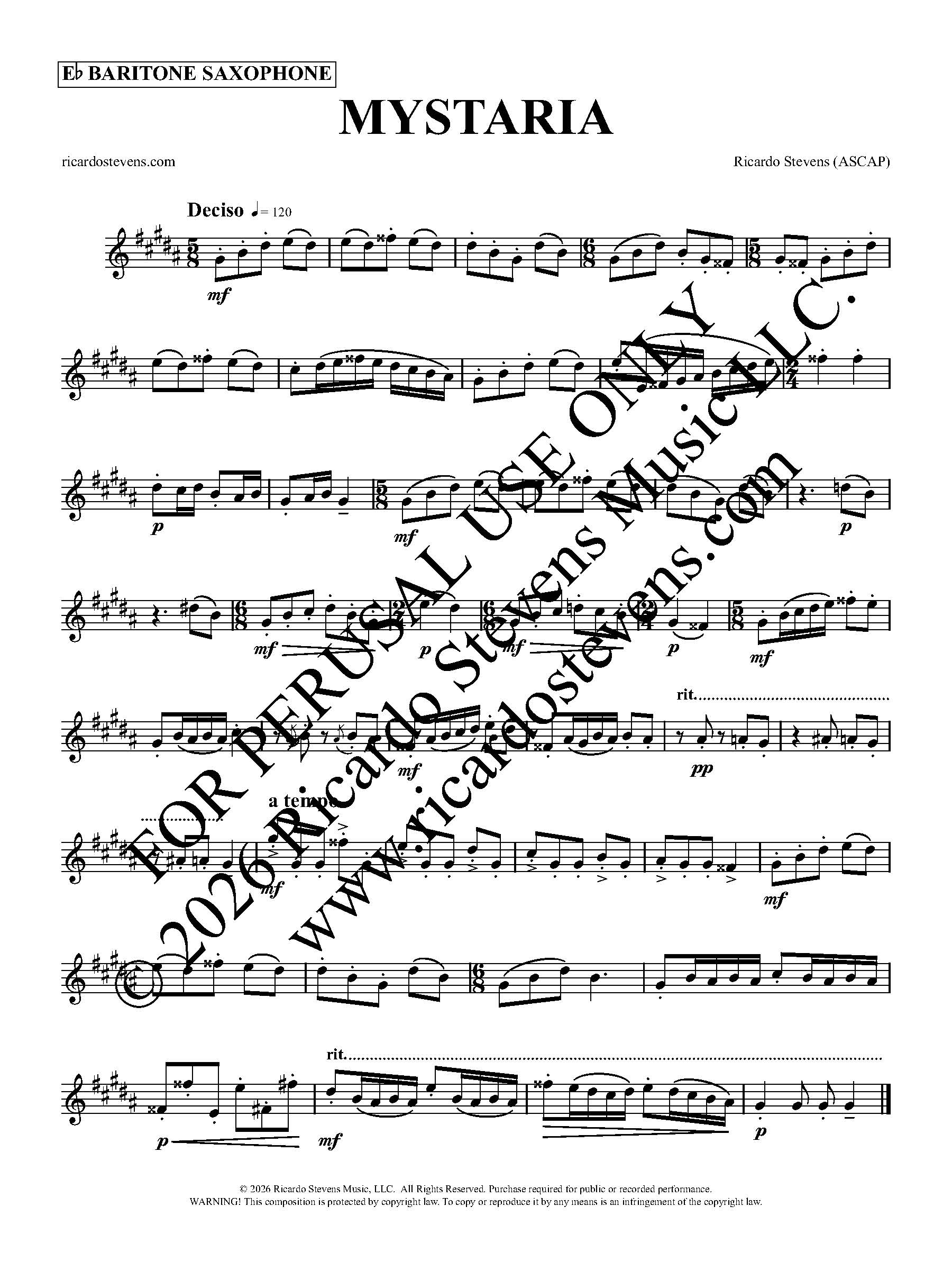 Sheet music for baritone saxophone with decorative text and watermark y Ricardo Stevens