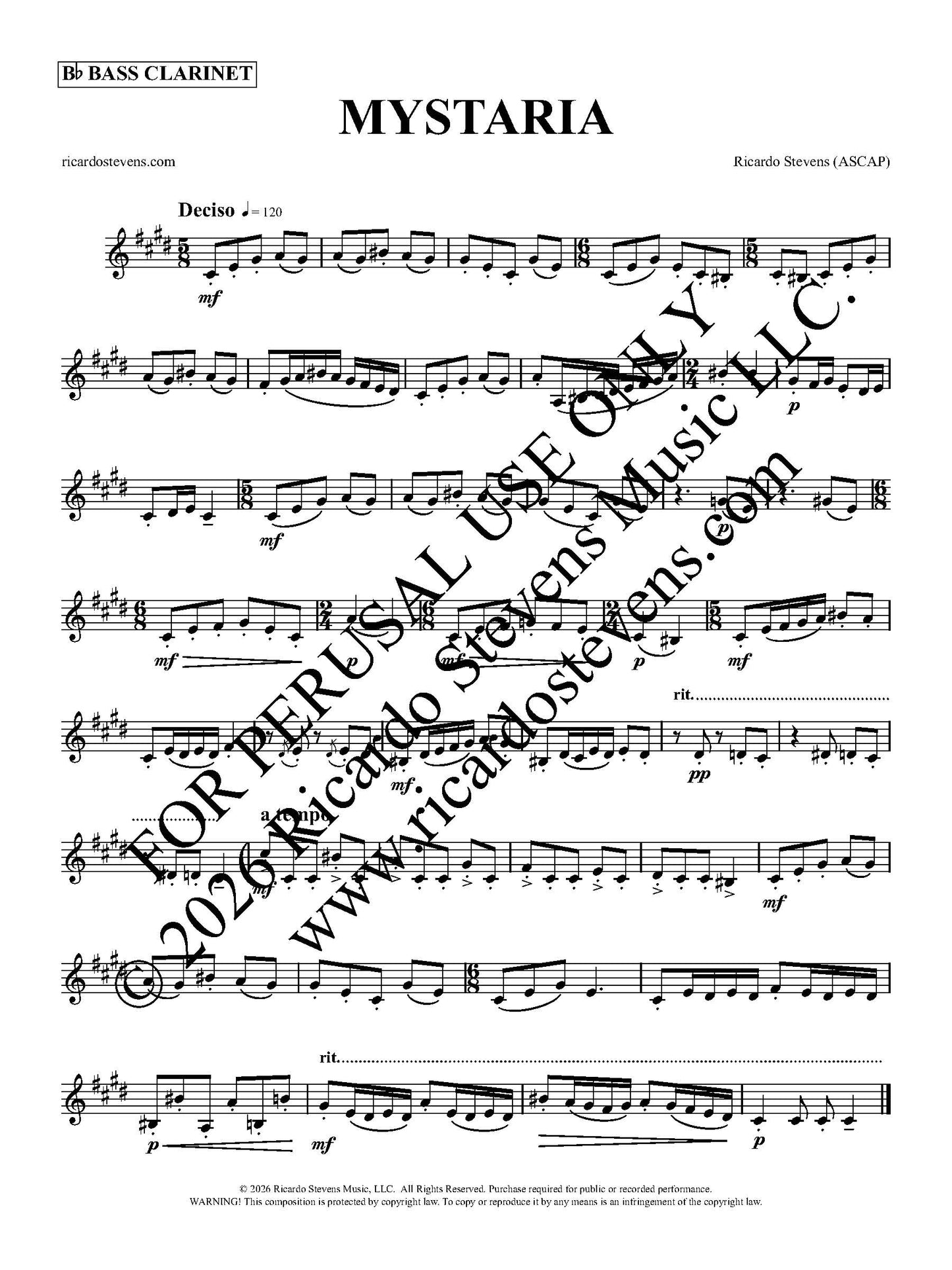 Sample sheet music of Mystaria by Ricardo Stevens - Bass Clarinet Perusal