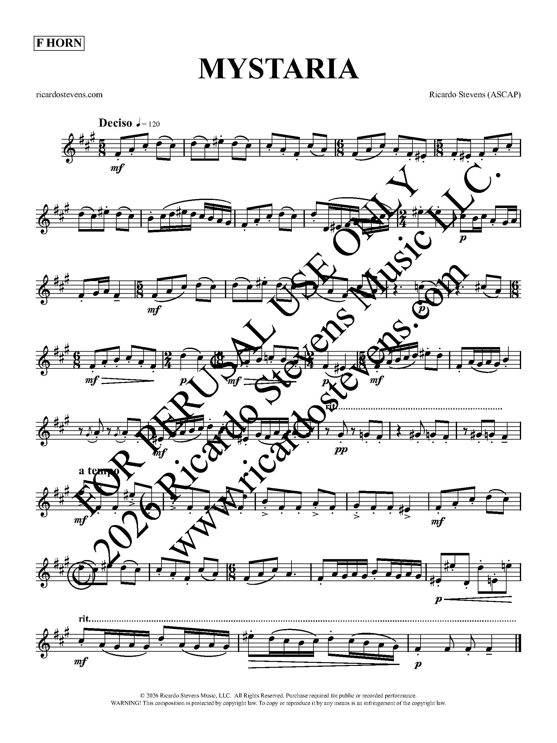 Sheet music for 'Mystaria' by Ricardo Stevens with copyright notice for F Horn.