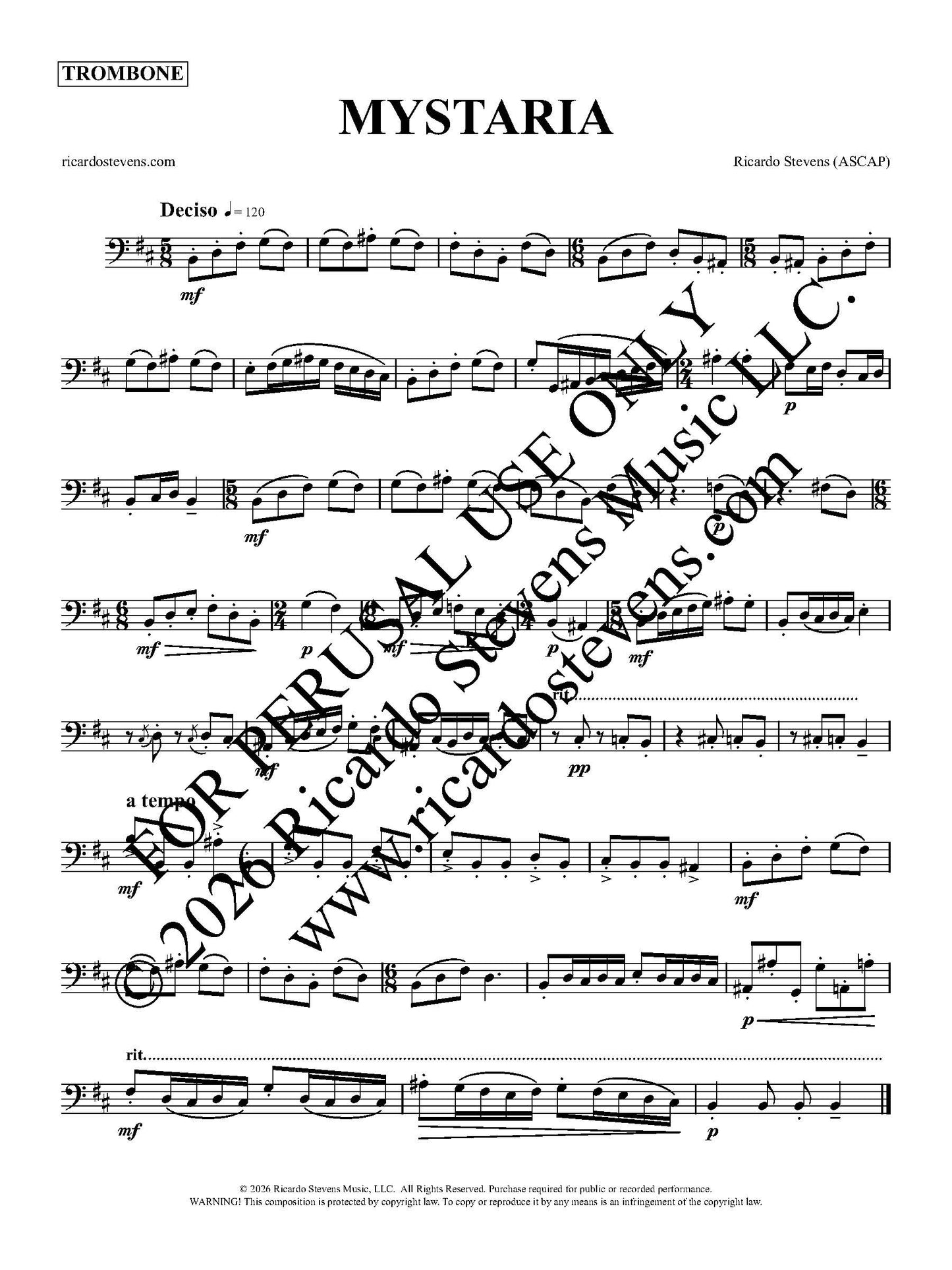 Sheet music for trombone with the title 'Mystaria' by Ricardo Stevens.