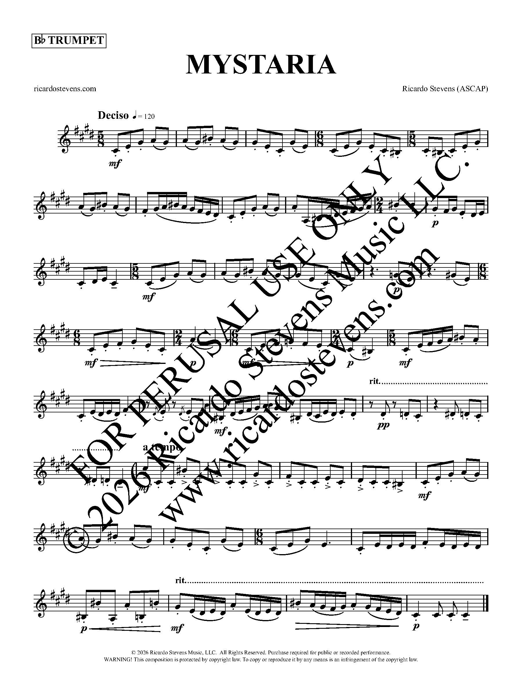 Sheet music for trumpet titled 'Mystaria' by Ricardo Stevens, with copyright notice.
