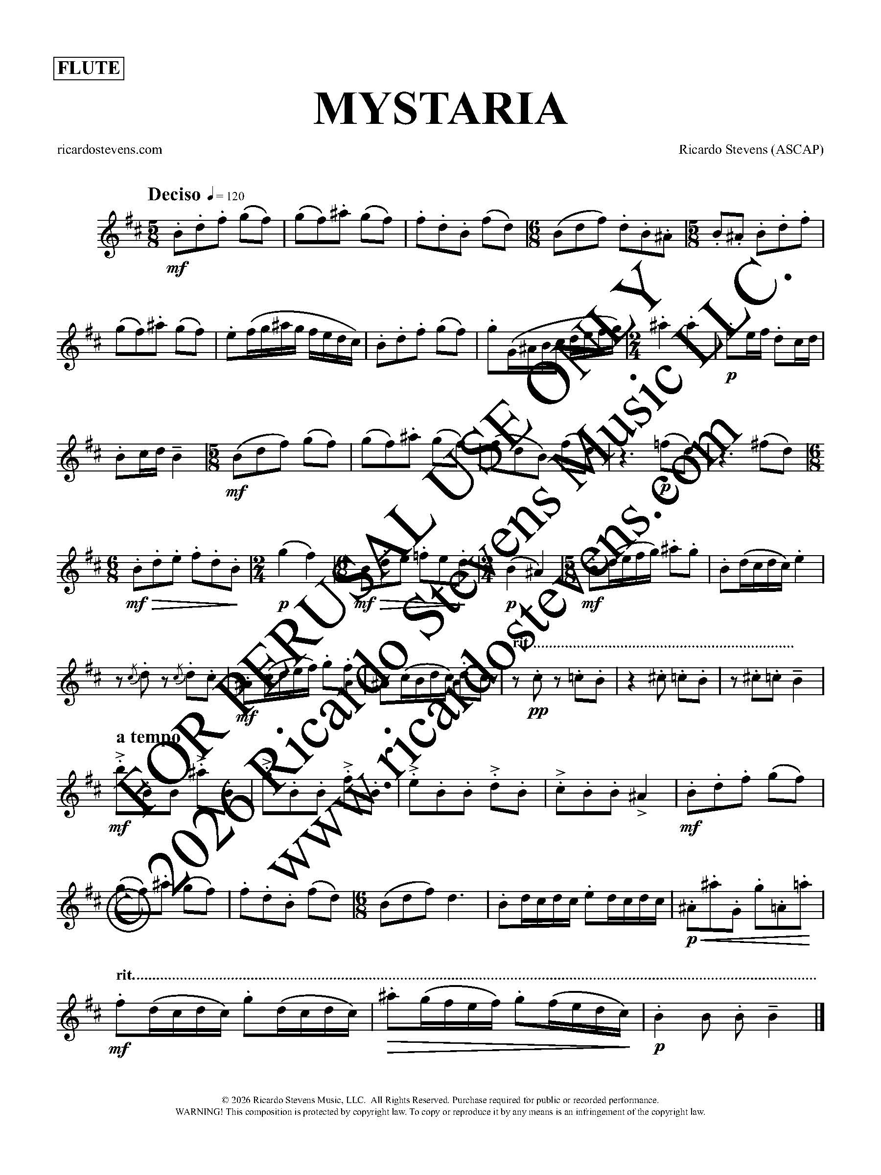 Sample sheet music of Mystaria by Ricardo Stevens - Flute Perusal
