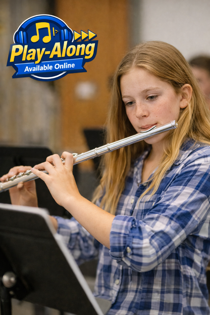 Girl playing flute with 'Play-Along Available Online' logo in the corner by Ricardo Stevens.