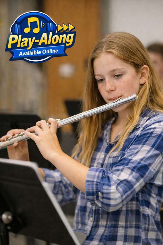 Girl playing flute with 'Play-Along Available Online' logo in the corner by Ricardo Stevens.