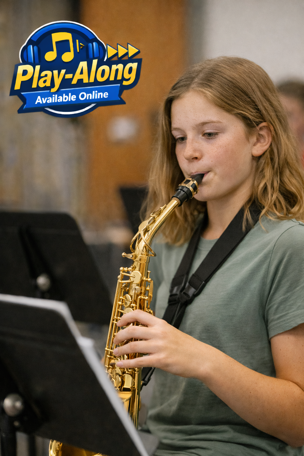 Person playing a saxophone with 'Play-Along Available Online' logo in the corner by Ricardo-Stevens