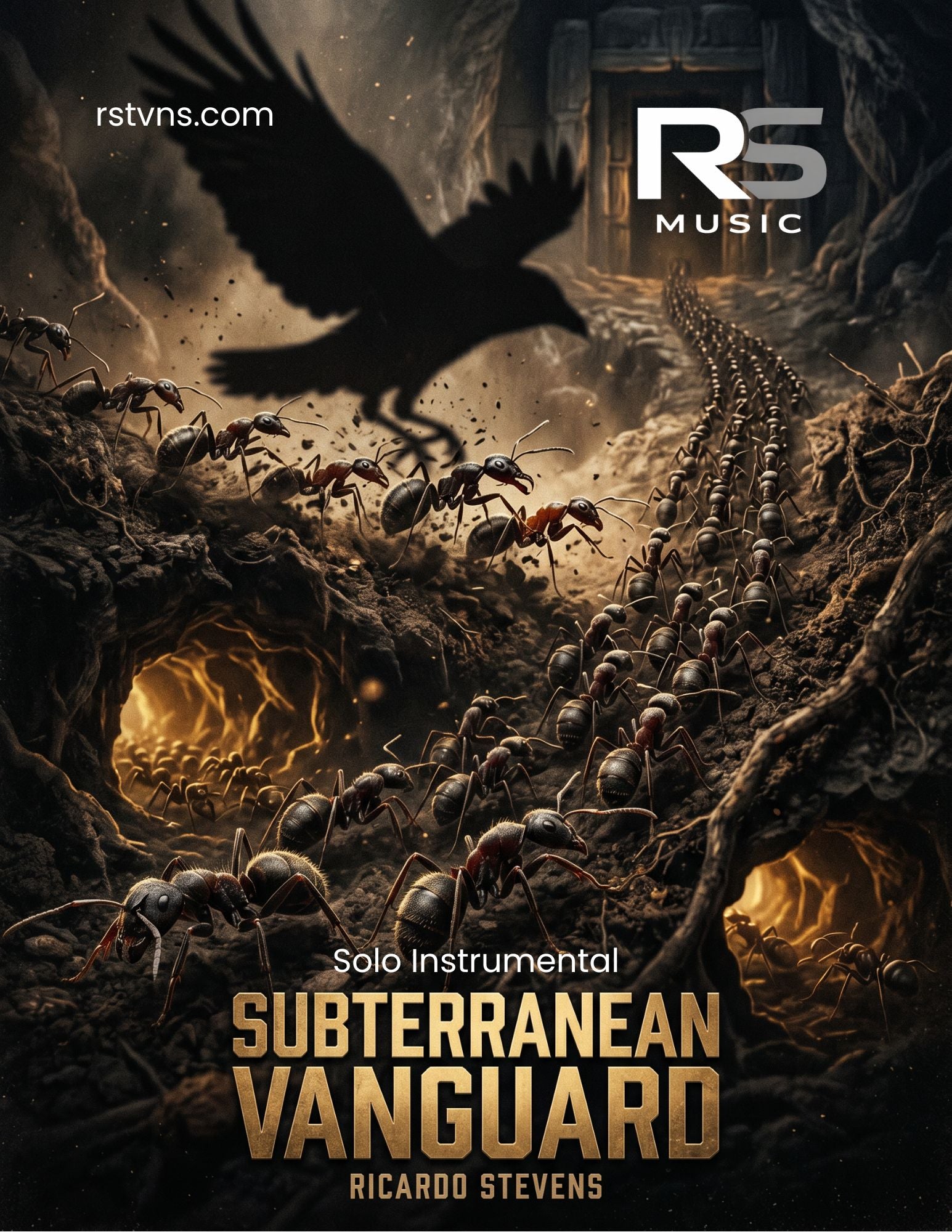 Album cover for 'Subterranean Vanguard' by Ricardo Stevens featuring a crow and ants in a cave.