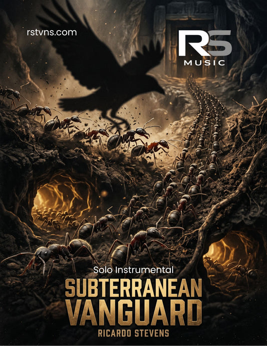 Album cover for 'Subterranean Vanguard' by Ricardo Stevens featuring a crow and ants in a cave.