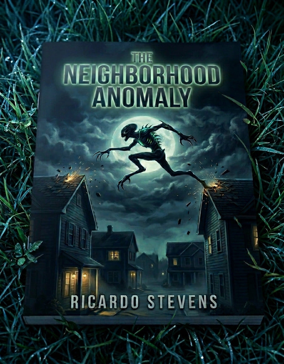 Book cover of 'The Neighborhood Anomaly' by Ricardo Stevens with a spooky scene on a grassy background.