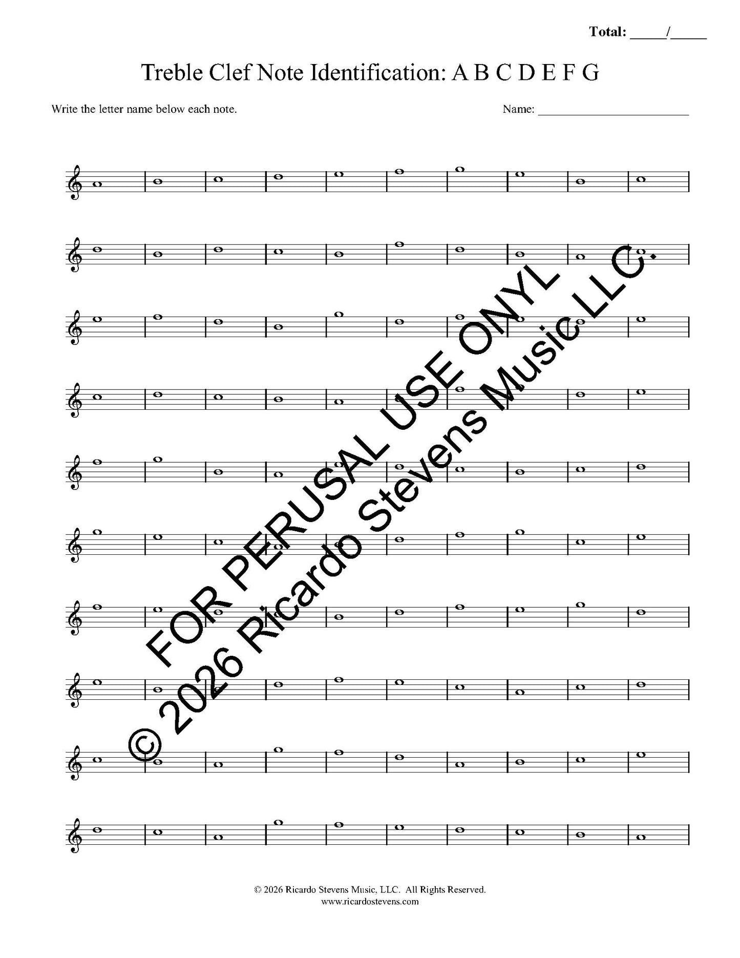 Music sheet with treble clef notes and space for letter identification, used for perusal by Ricardo Stevens Music LLC.