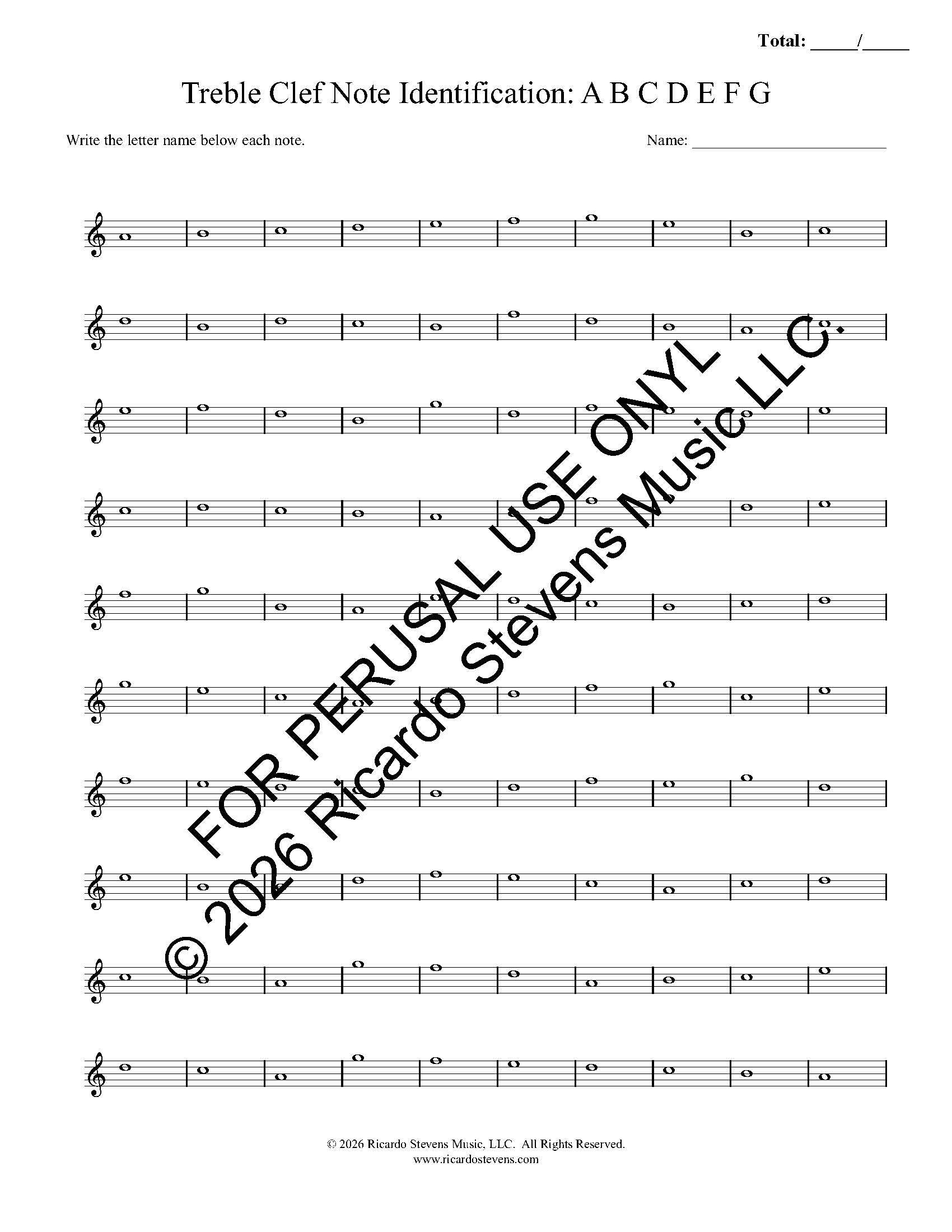 Music sheet with treble clef notes and space for letter identification, used for perusal by Ricardo Stevens Music LLC.