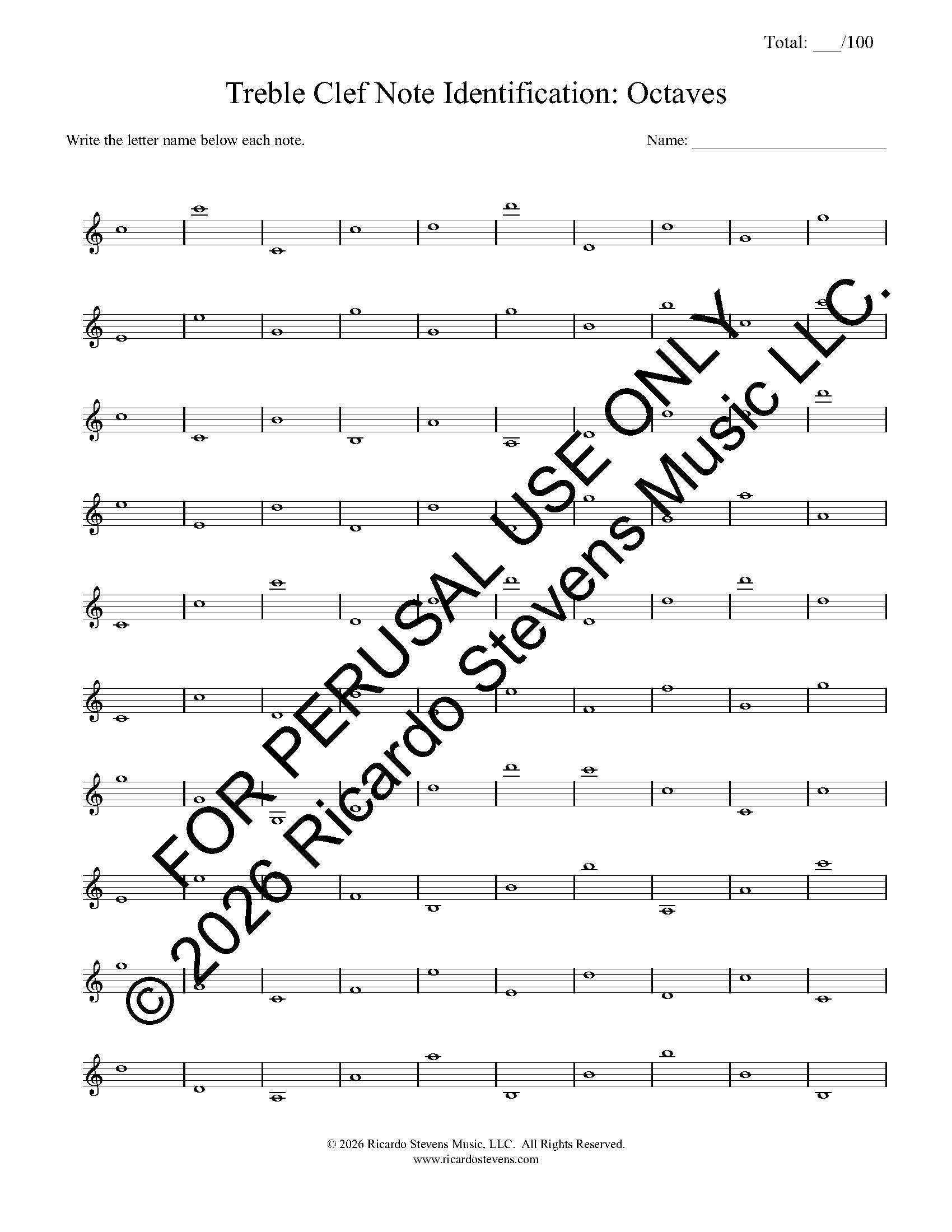 Music sheet with treble clef notes and text for treble clef note identification practice by Ricardo Stevens.
