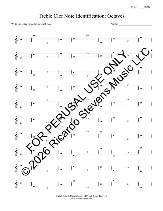 Music sheet with treble clef notes and text for treble clef note identification practice by Ricardo Stevens.