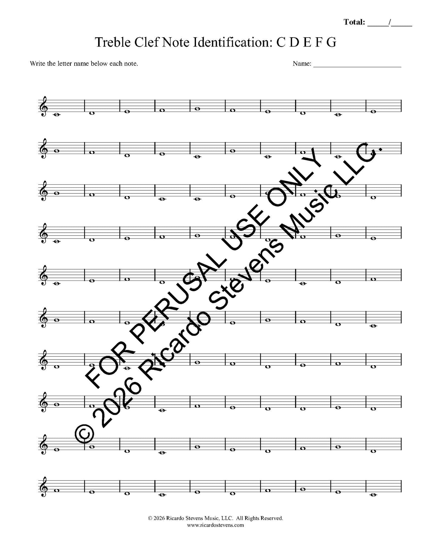 Sheet music with treble clef notes and space for letter identification, for perusal use only by Ricardo Stevens.
