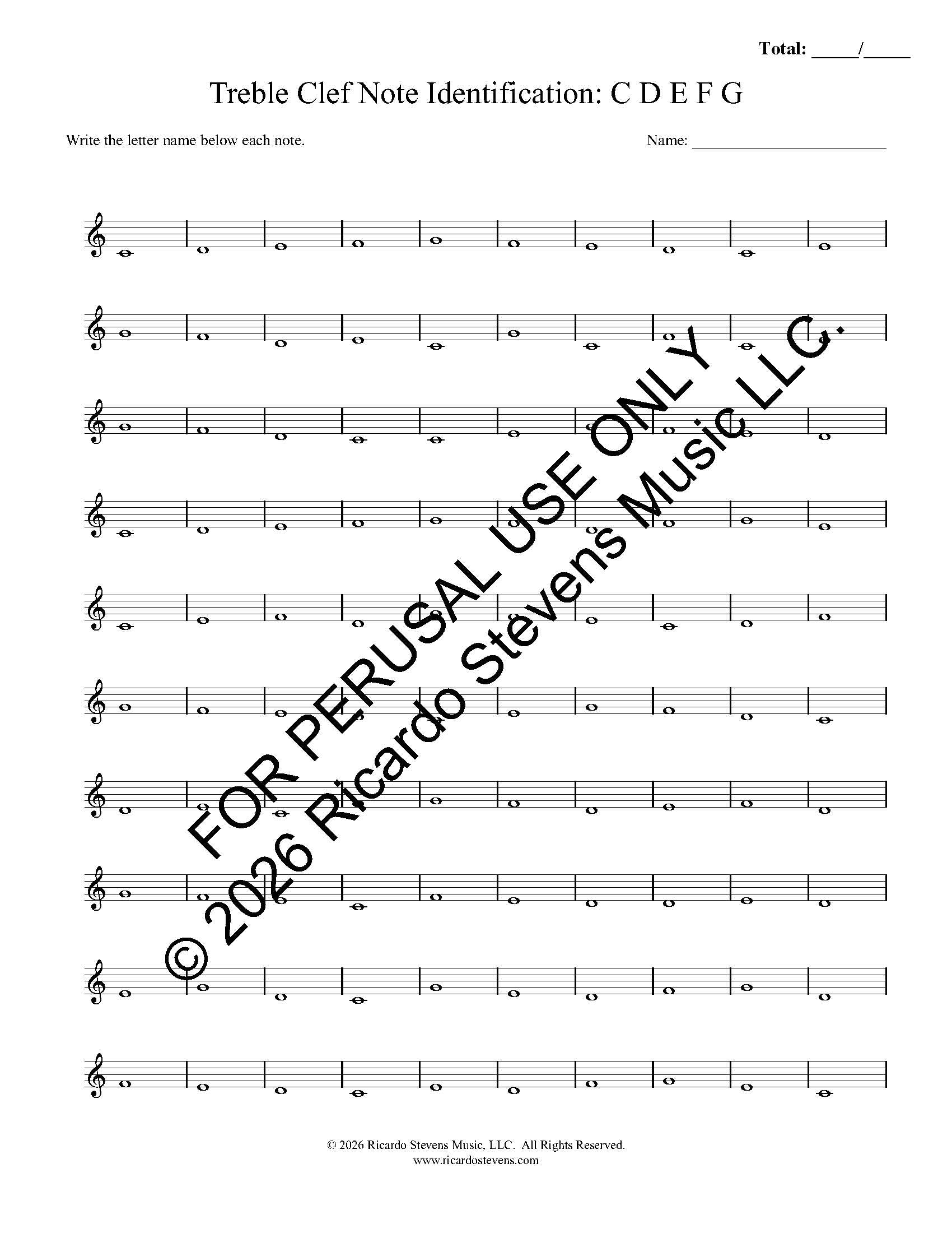 Sheet music with treble clef notes and space for letter identification, for perusal use only by Ricardo Stevens.