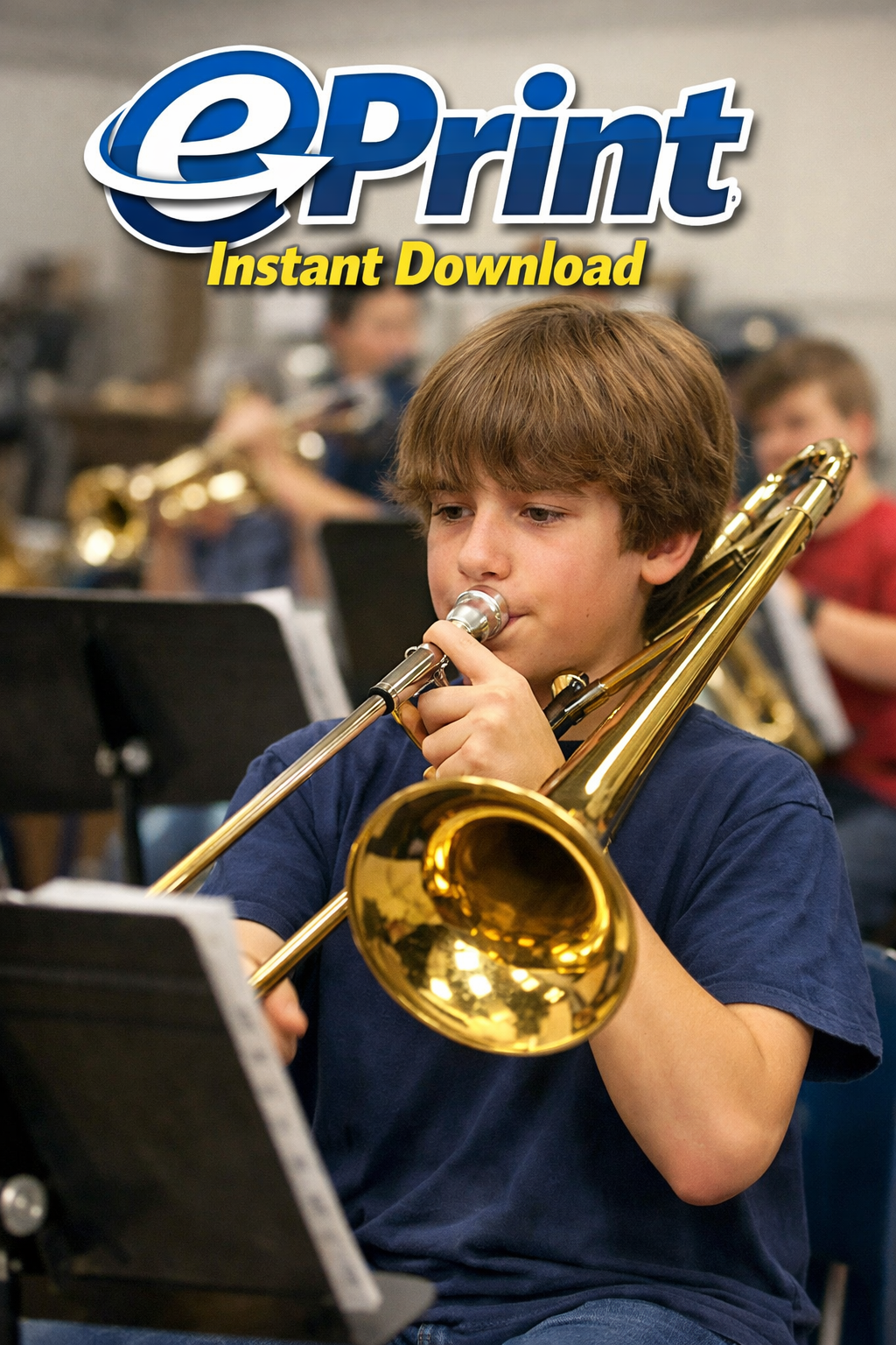 Child playing a trombone in Middle School with 'ePrint Instant Download' by Ricardo Stevens logo above.