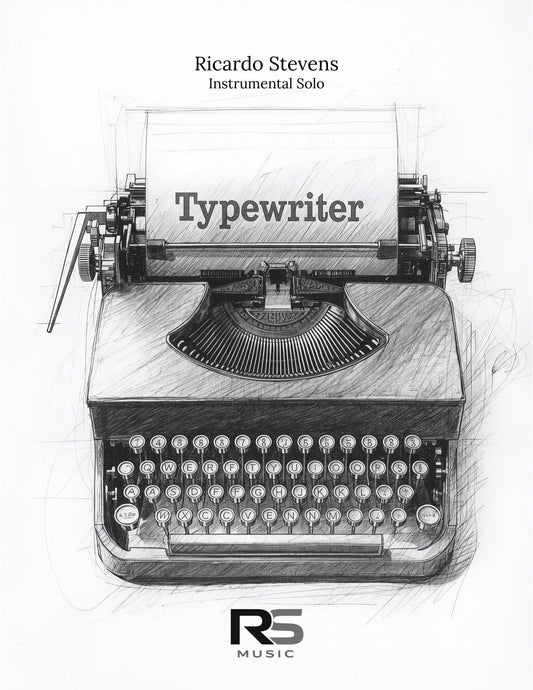 Illustration of a typewriter with 'Typewriter' on the paper, branded with R5 Music.